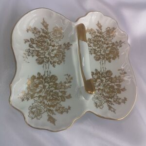 Vintage De France Hand-Painted Gold Floral Divided Handled Procelain Candy Dish
